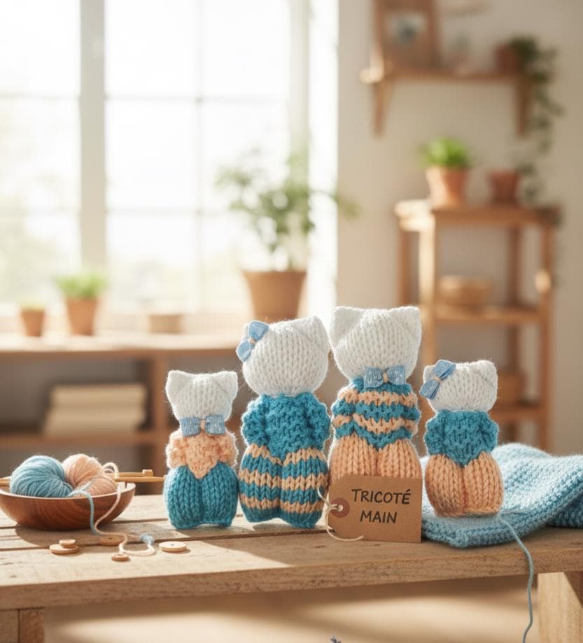 Les doudous familles version bonhomme ou chat, tricotés main.