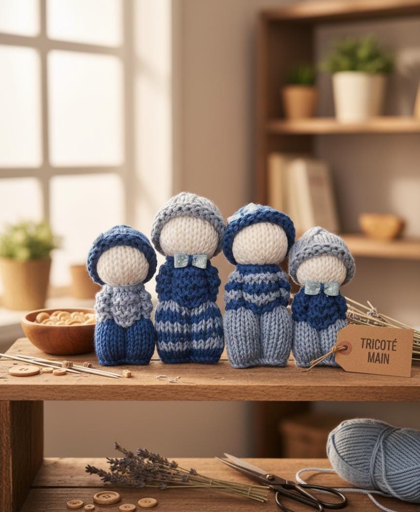 Les doudous familles version bonhomme ou chat, tricotés main.