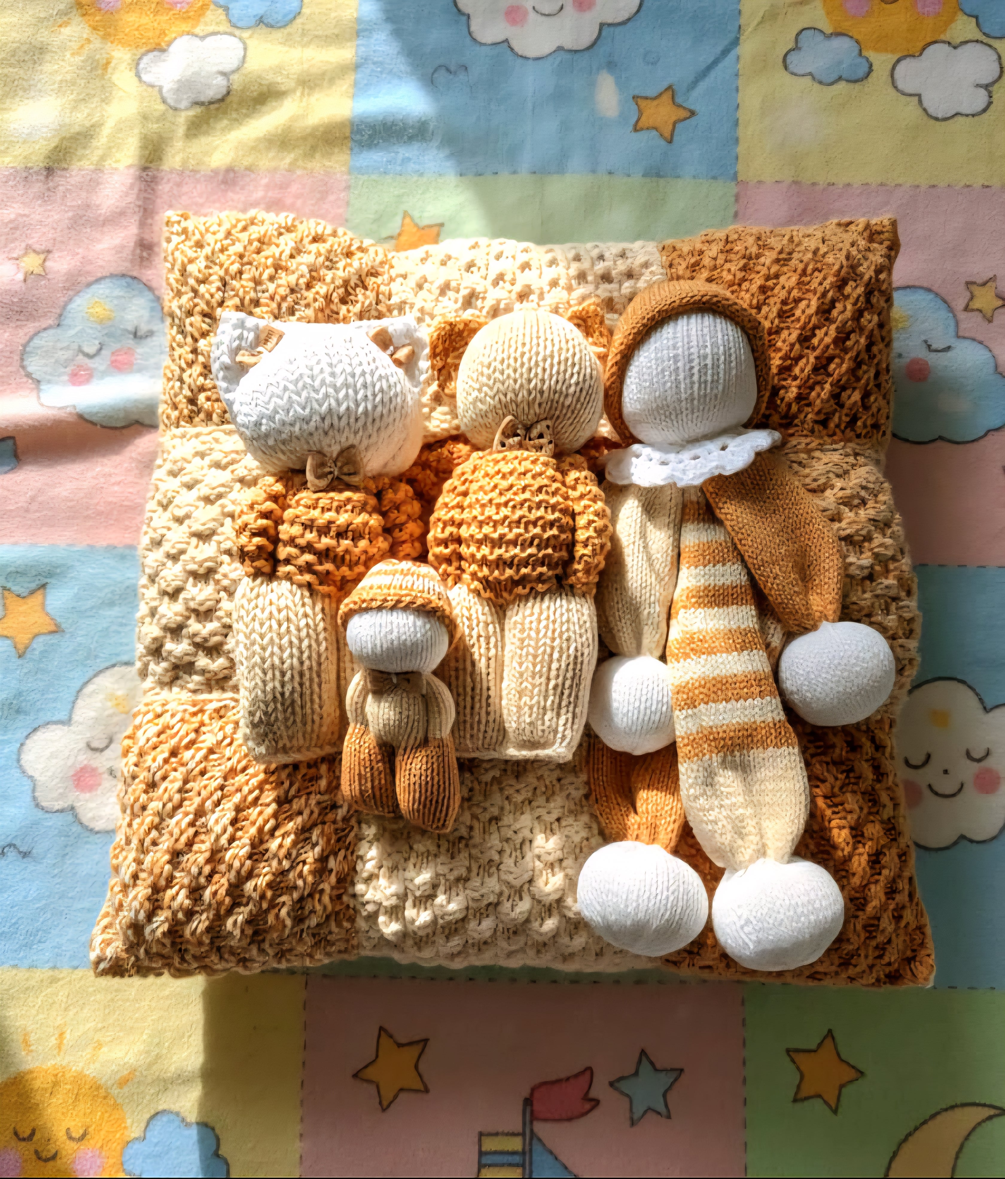 4 doudous peluches + coussin beige