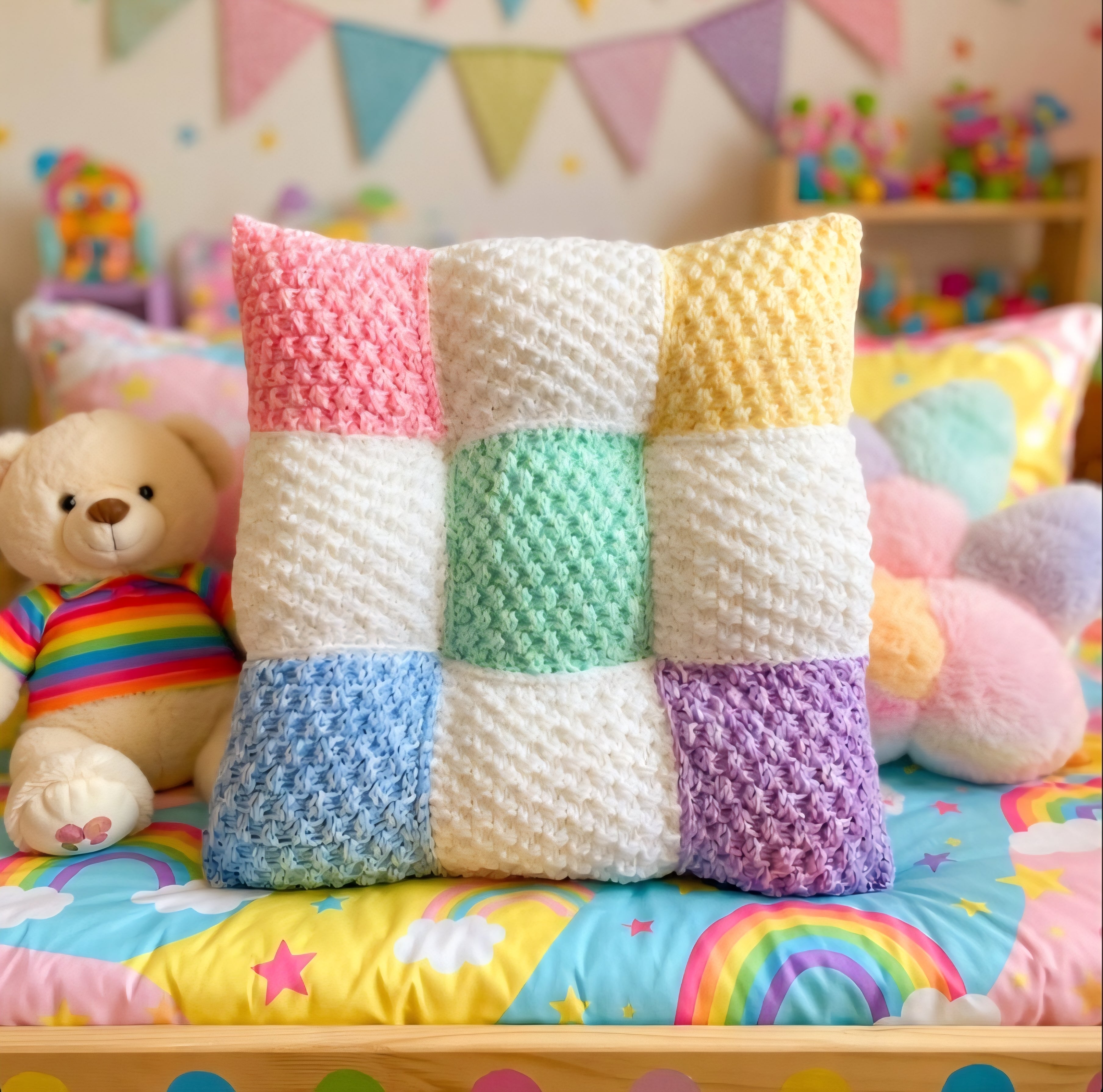 Lot de 4 doudous peluches tricotées + coussin patchwork