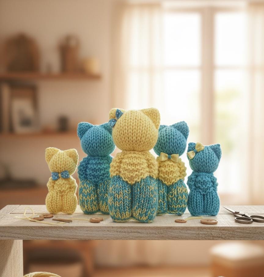 Les doudous familles version bonhomme ou chat, tricotés main.